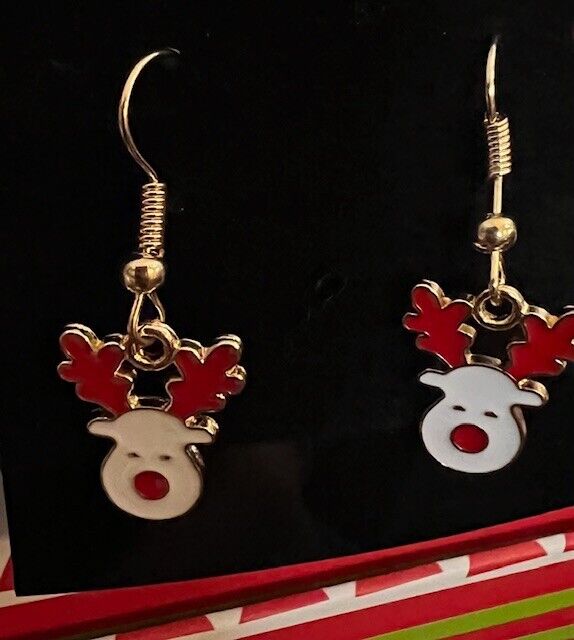 Christmas Earrings Goldtone Dangle Reindeer Heads