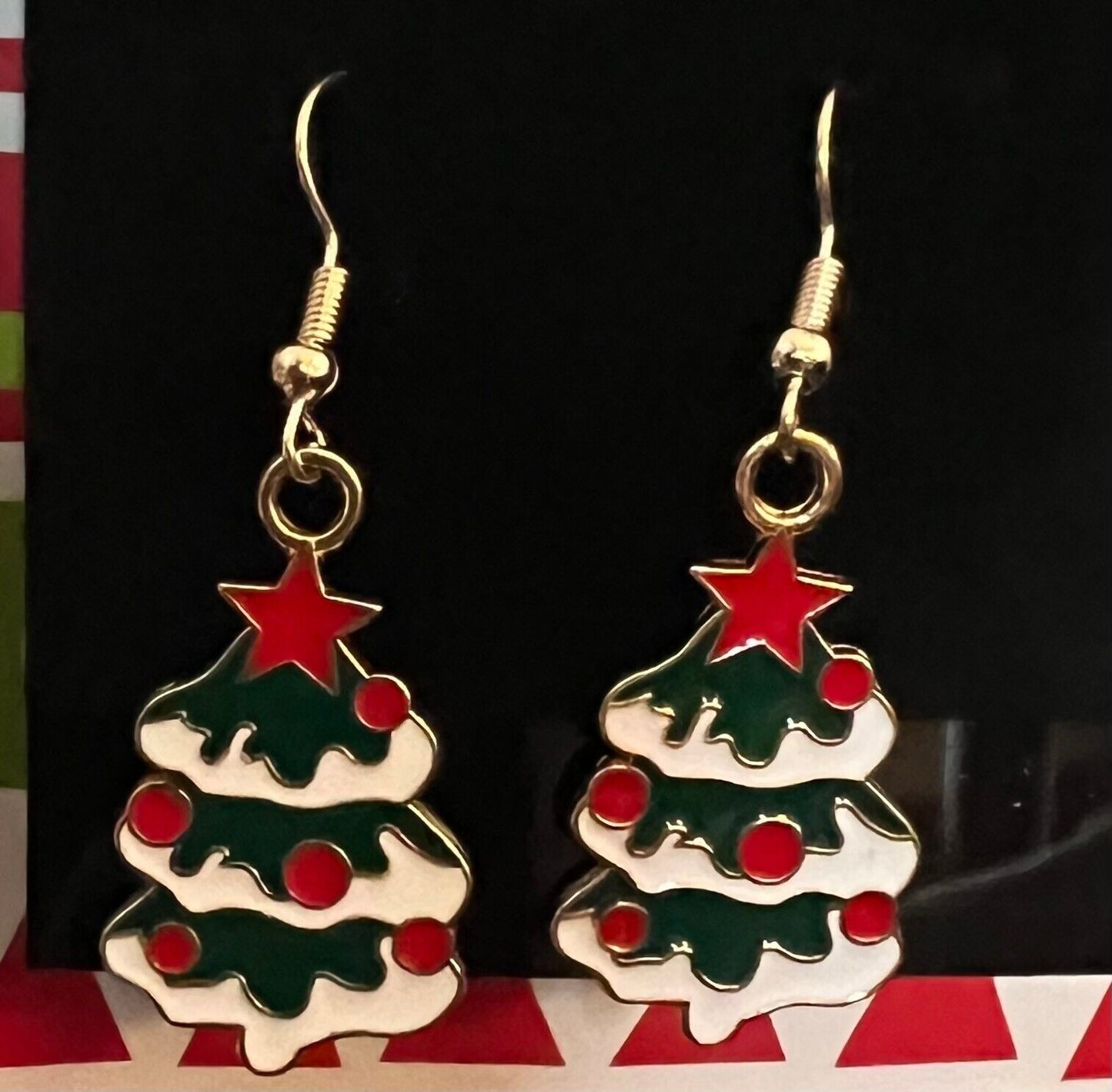 Christmas Earrings Goldtone Dangle Christmas Trees