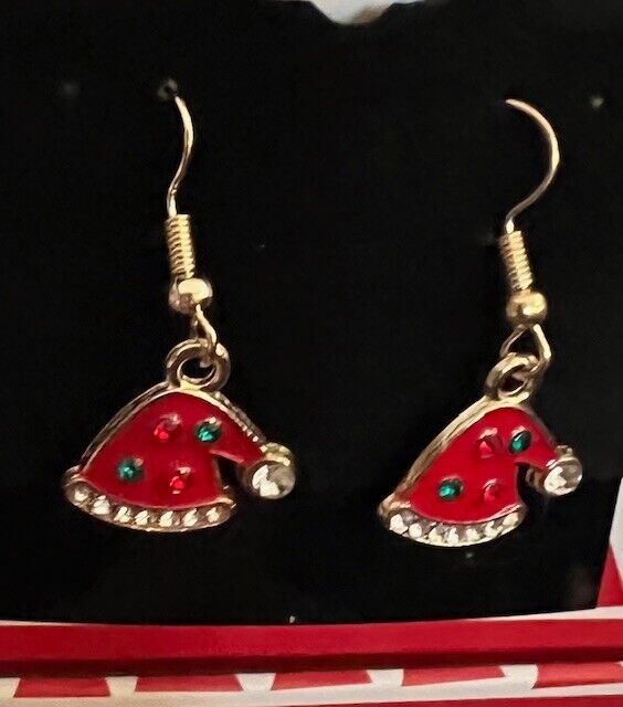 Christmas Earrings Goldtone Dangle Hats