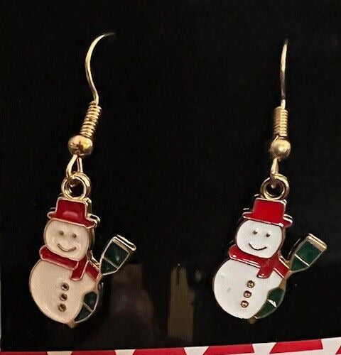 Christmas Earrings Goldtone Dangle Snowman