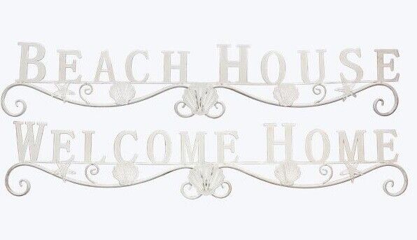 Metal Beach House & Welcome Wall Sign with Shell Design