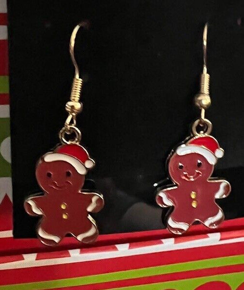 Christmas Earrings Goldtone Dangle Gingerbread Man