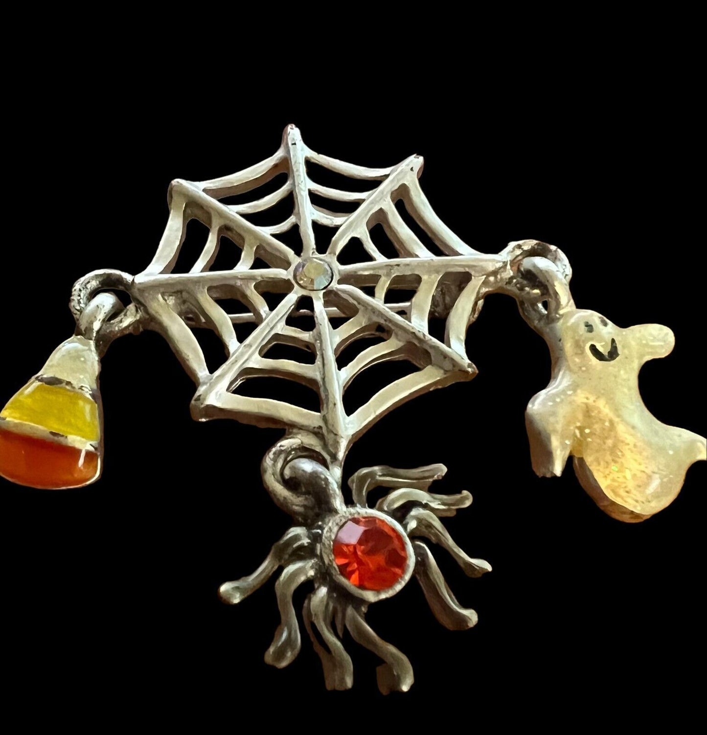 Halloween Metal Pumpkin Pin w/3 Charms Signed AJMC