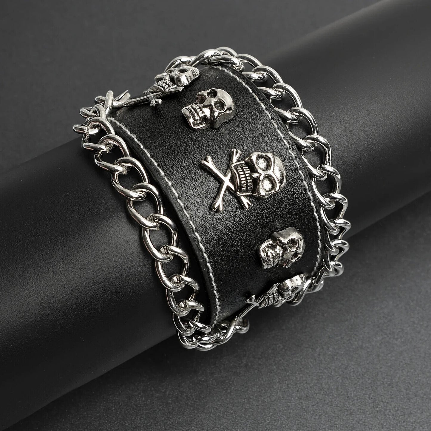 Bracelet Black Leather Stainless Steel Skull And Crossbones Chain