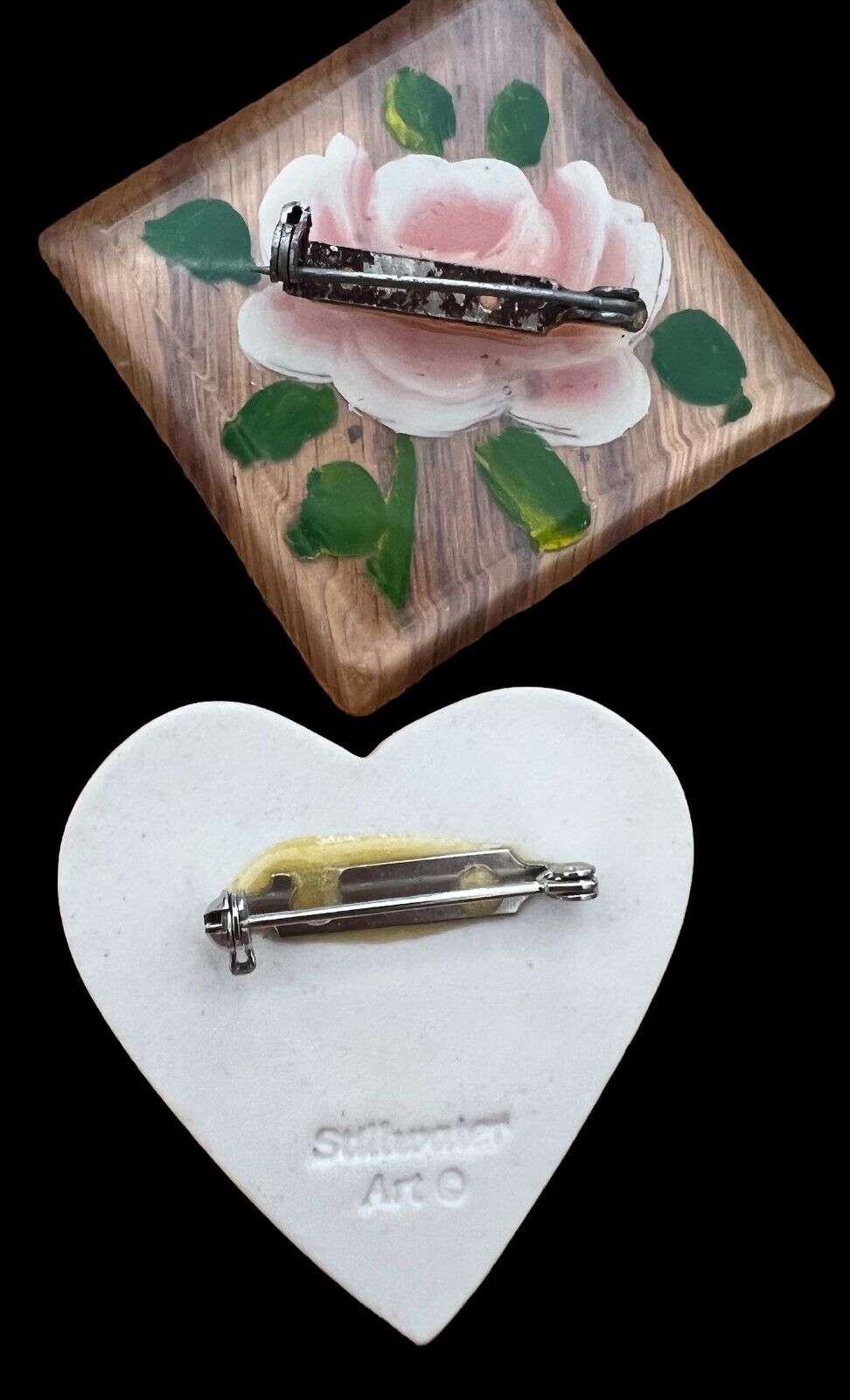 Vintage Ladies Pins Rose & Heart 2 pcs