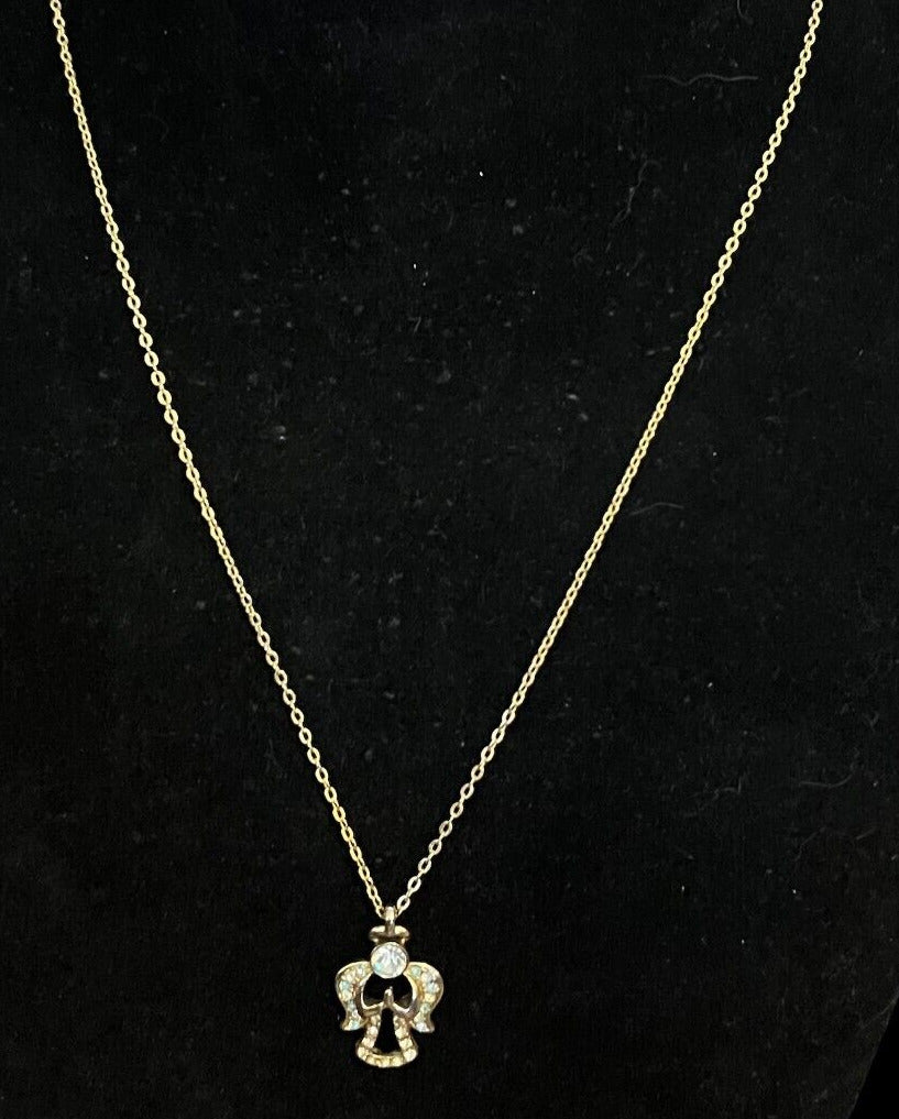Vintage Goldtone Crystal & Lite Blue Stones Angel Necklace Marked DM
