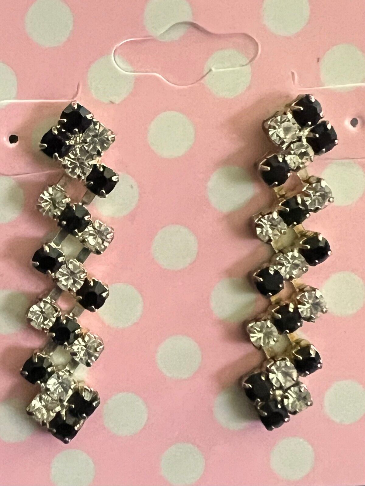 Vintage Silvertone Black & White Rhinestone Earrings 1.5"