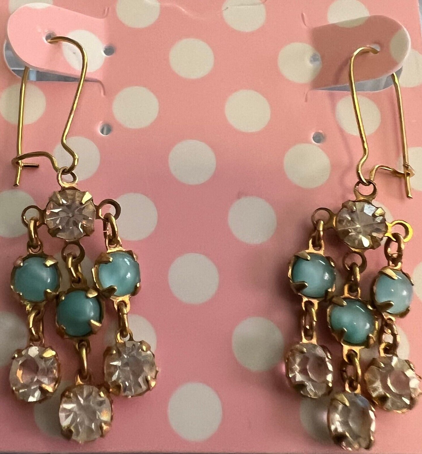 Vintage Earrings Unique Design Faux Turquoise & Rhinestones