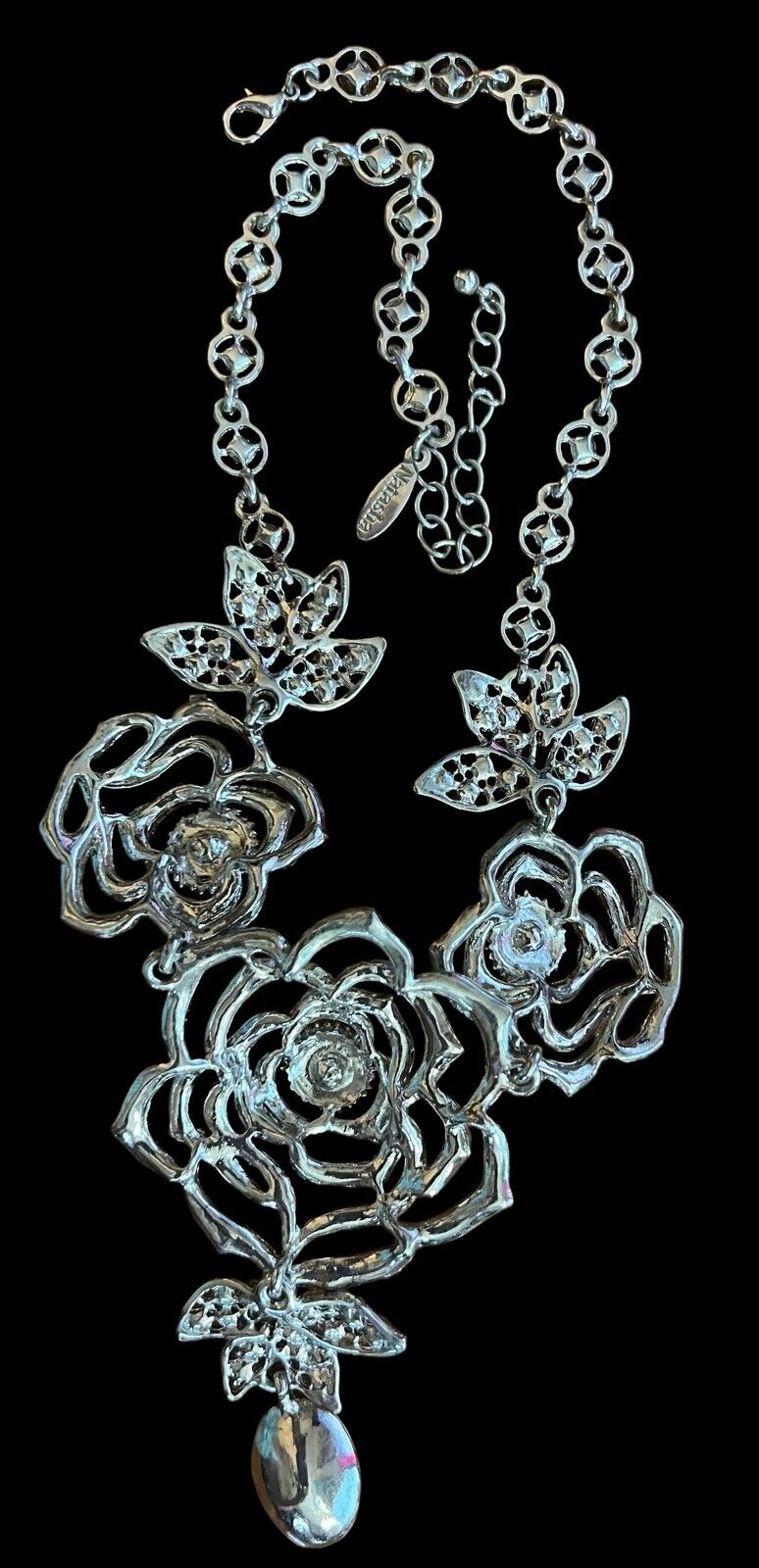 Fashion Jewelry Rose Necklace w/Aura Borealis Rhinestones