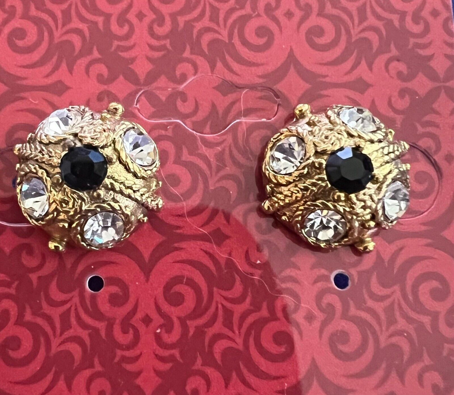 Vintage Earrings Goldtone with Crystals & Black Stone Posts