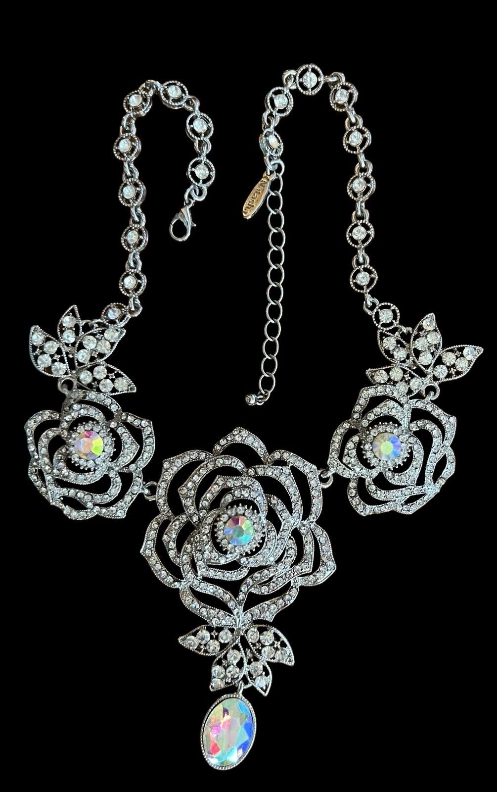 Fashion Jewelry Rose Necklace w/Aura Borealis Rhinestones