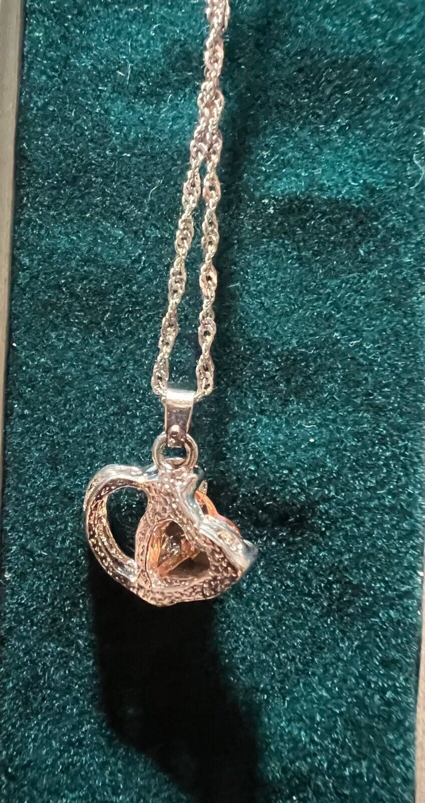 Fashion Jewelry Silvertone Necklace Pink CZ Heart insert