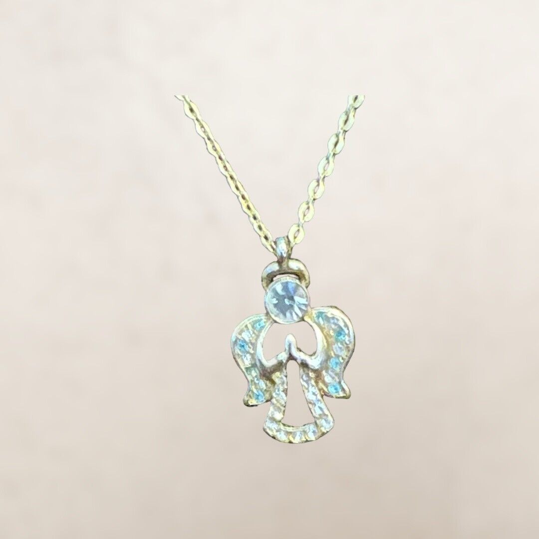 Vintage Goldtone Crystal & Lite Blue Stones Angel Necklace Marked DM