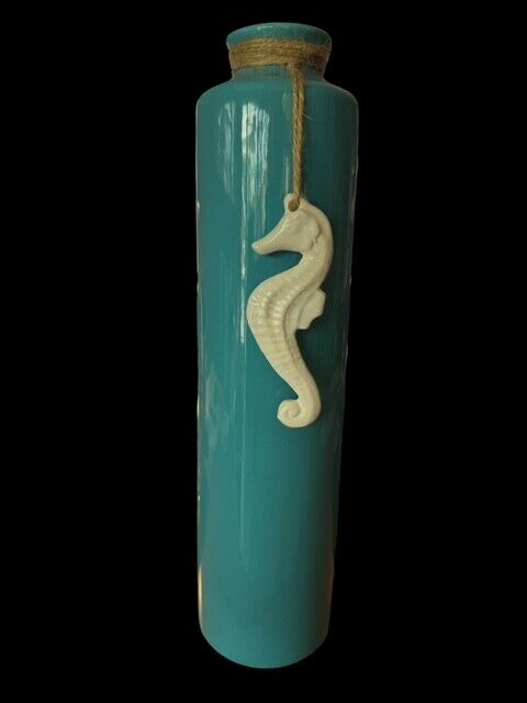 Ocean Blue Turquoise Minimalist Vase with Seahorse  13.25" Tall