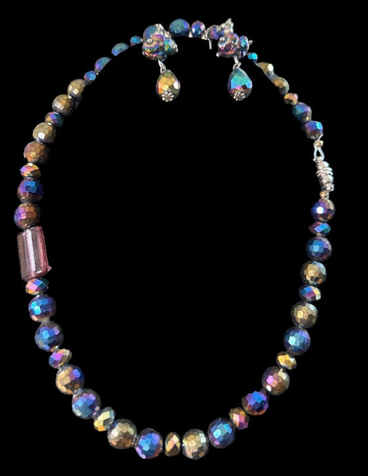 Vintage Multi-Color  Glass Bead Necklace W/ Earrings