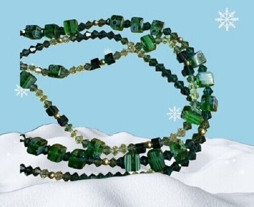 Vintage Green Glass Beads 3 Strands 21" Matching Earrings