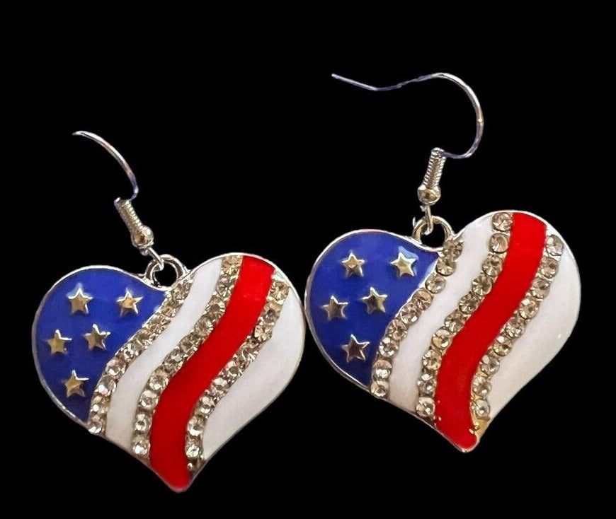 US Flag Red White Blue Heart Earrings