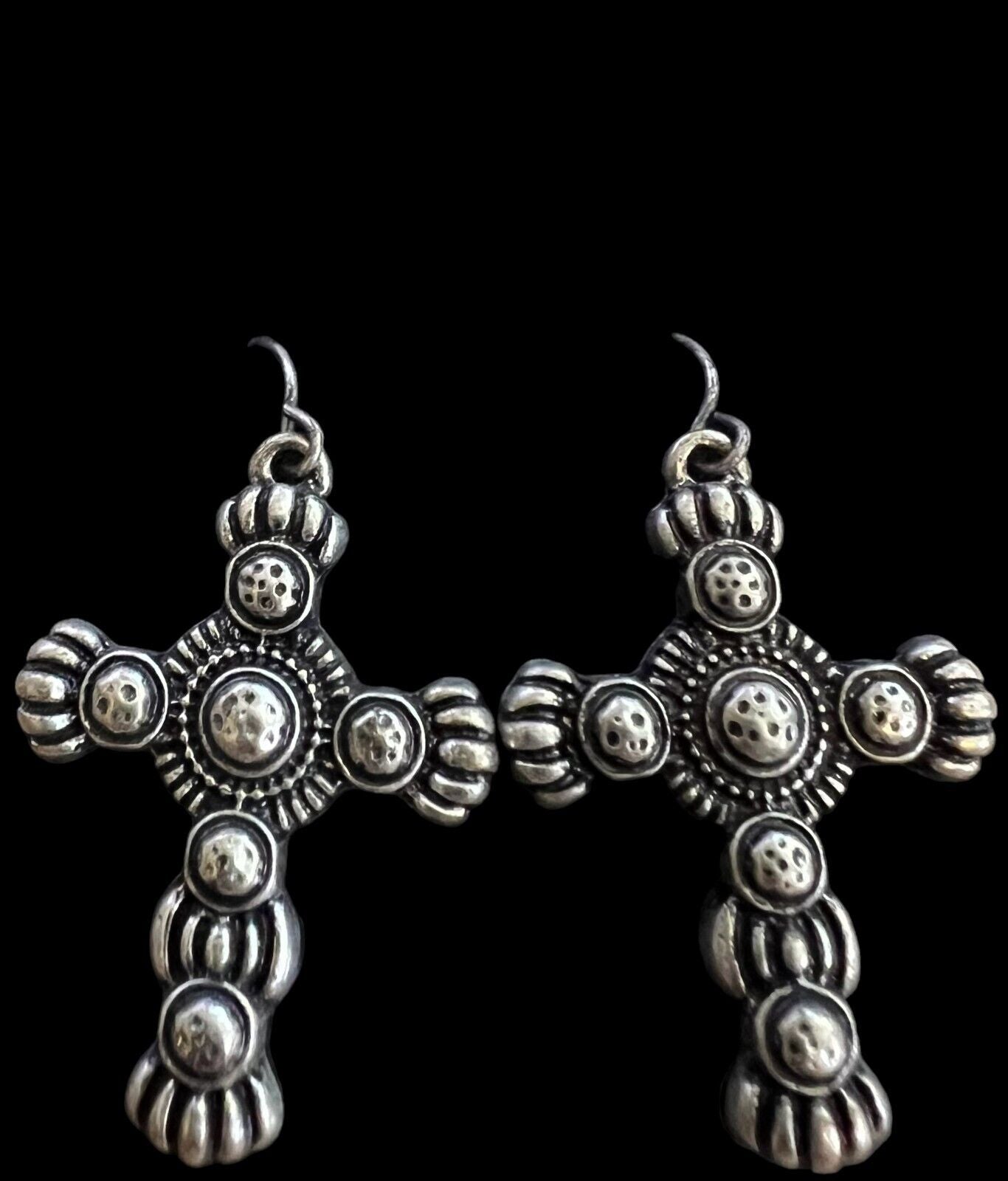 Vintage Silvertone Cross Dangle Earrings  1 1/4" Drop