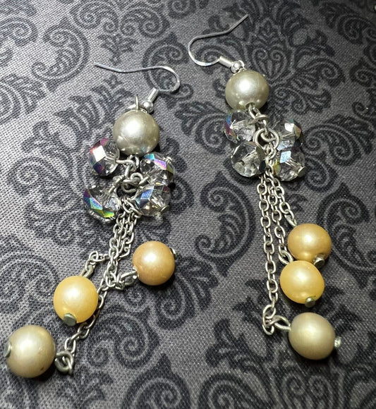 Vintage 60's Style Faux Pearls w/Glass Bead Earrings 3" Drop