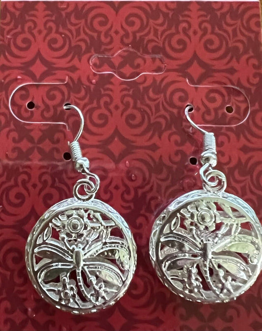 Vintage Earrings Butterfly Circle Silvertone Hand Made Engraved Fashion Jewelry