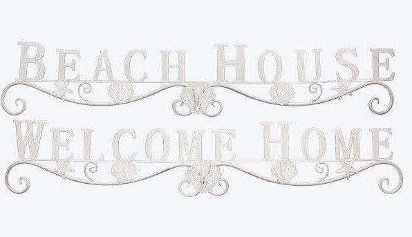 Metal Beach House & Welcome Wall Sign with Shell Design