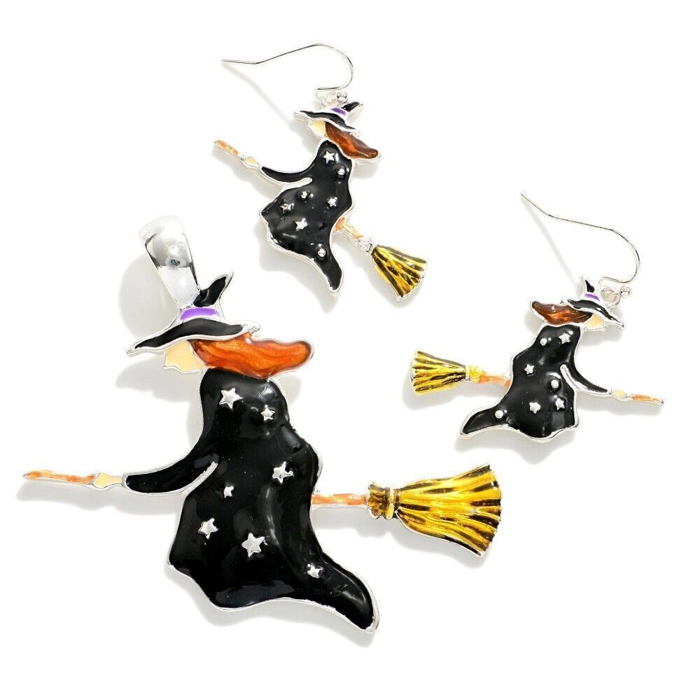 Halloween Silver Tone Enameled Flying Witch Drop Earring and Pendant Set