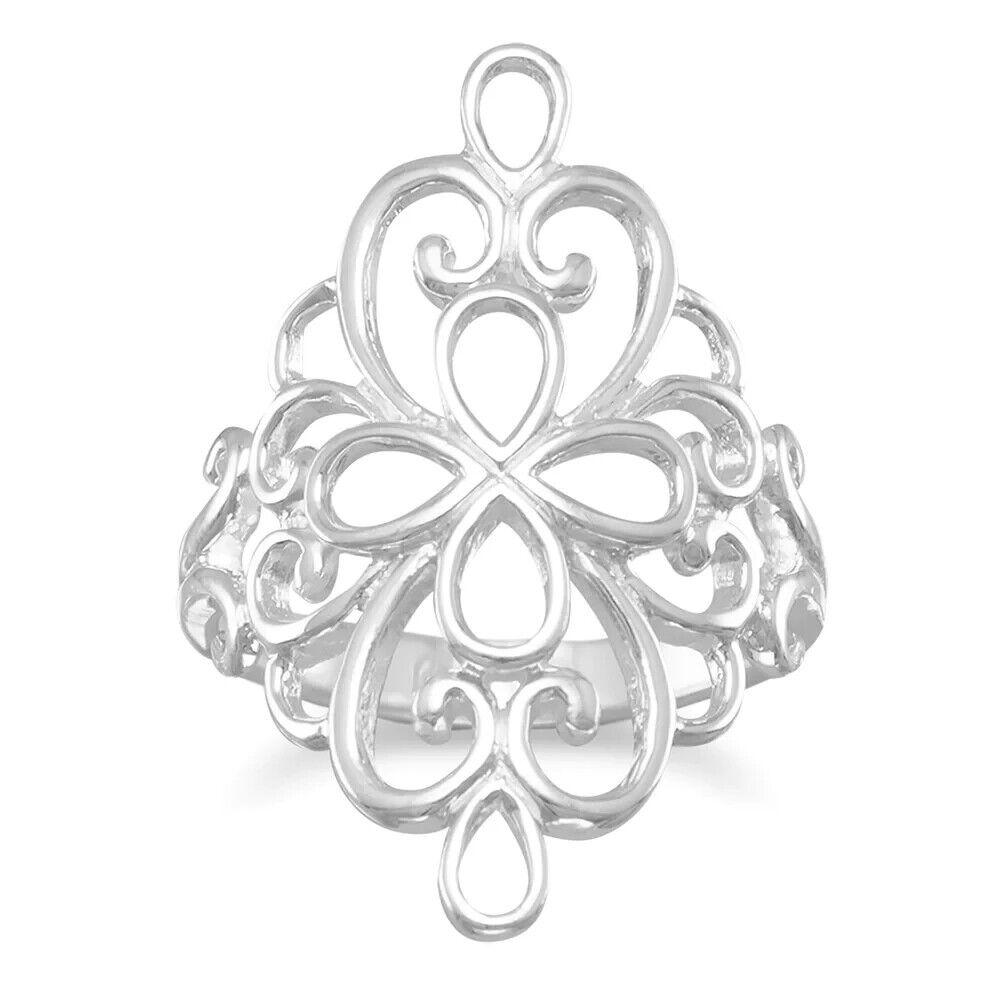 Polished sterling silver ornate filigree design ring Size 9