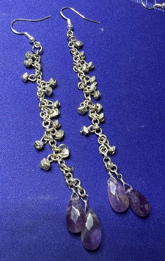 Vintage60's Style Silvertone Silvertone Chain w/ Amethyst Color Stones 3.5" Drop