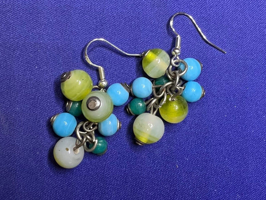 Vintage 60's Style Glass Beads Turquoise & Lime Green Color Earrings 1" Drop