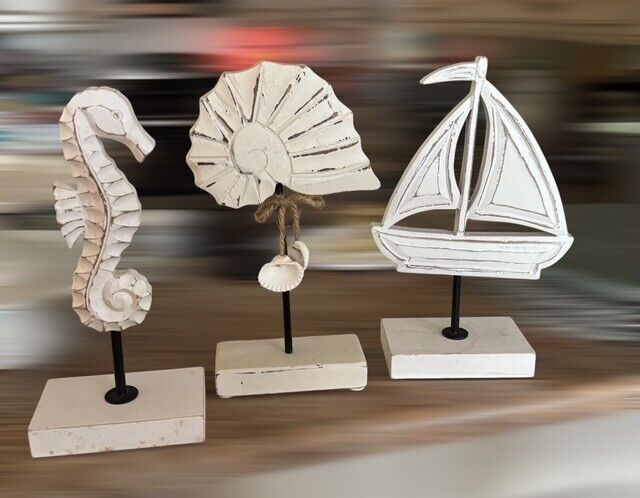 Distressed Wood Ocean Table Top Shelf Decor Nautical Beach set of 3