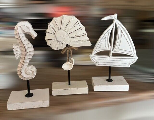 Distressed Wood Ocean Table Top Shelf Decor Nautical Beach set of 3