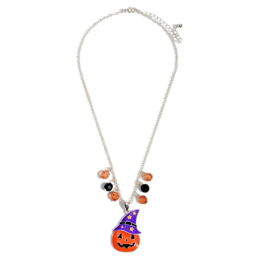 Halloween Necklace Orange Pumpkin with Purple Hat Silvertone Hand Made Jewelry