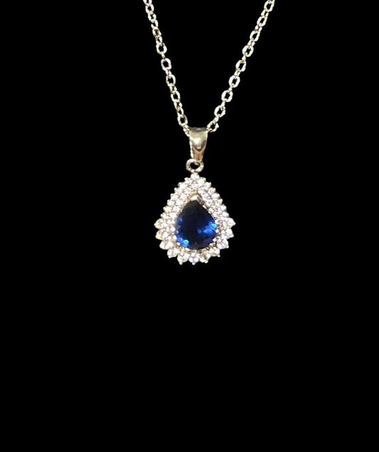 Vintage Sapphire Clear Crystals Necklace 18" Pendent