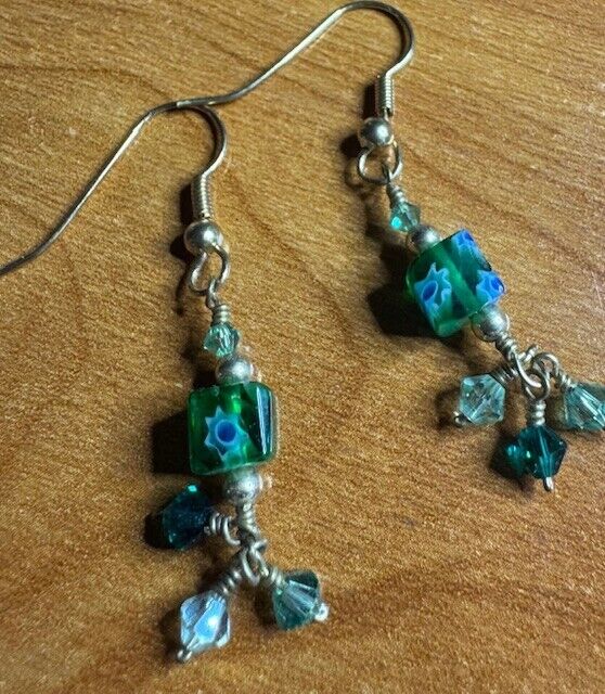 Vintage Green Glass Beads 3 Strands 21" Matching Earrings