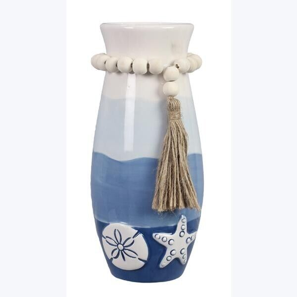 8" Ceramic Coastal Ombre Vase w/Beaded Tassell