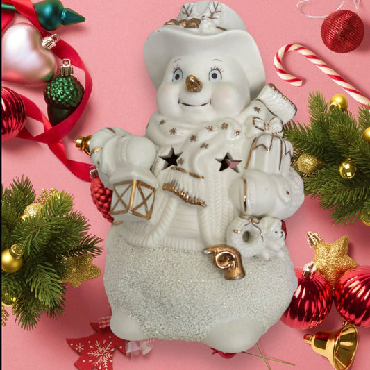 Vintage Light Up Snowman Lamp 8.5” Ceramic Star Night Light Frosty Christmas