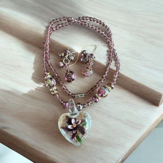 Vintage Purple Glass Bead Necklace & Earrings With Silvertone Clasp