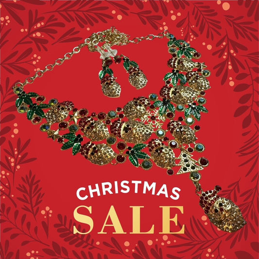 Santa Green Red Christmas Rhinestone Necklace & Earrings