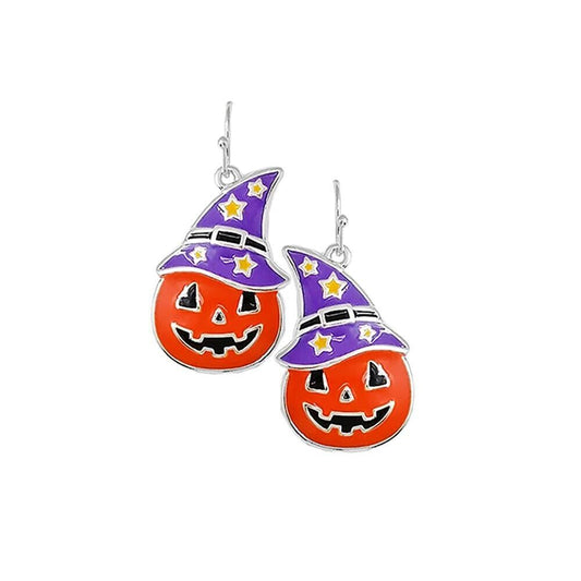 Halloween Earrings Orange Pumpkin with Purple Heart Silvertone Hand Made Jewelry