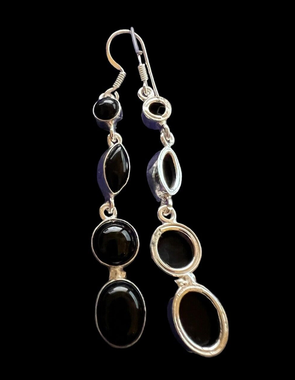 Black Stone SS 2"drop Earrings