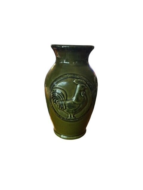 Vintage Green Rooster Vase 8" Tall