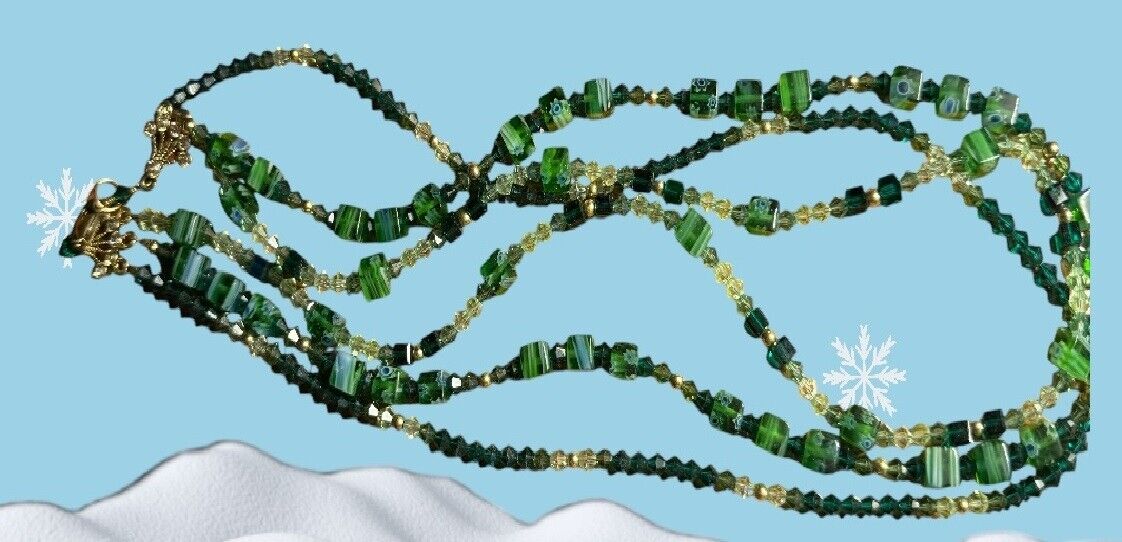 Vintage Green Glass Beads 3 Strands 21" Matching Earrings