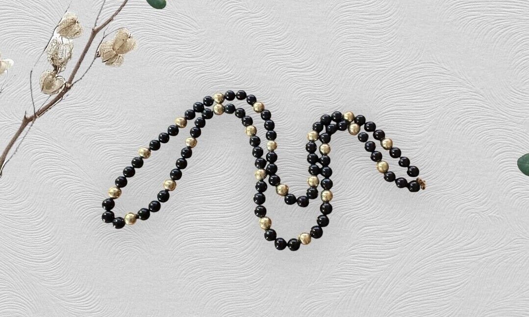Vintage Black Onyx Beads with Gold Beads interwoven