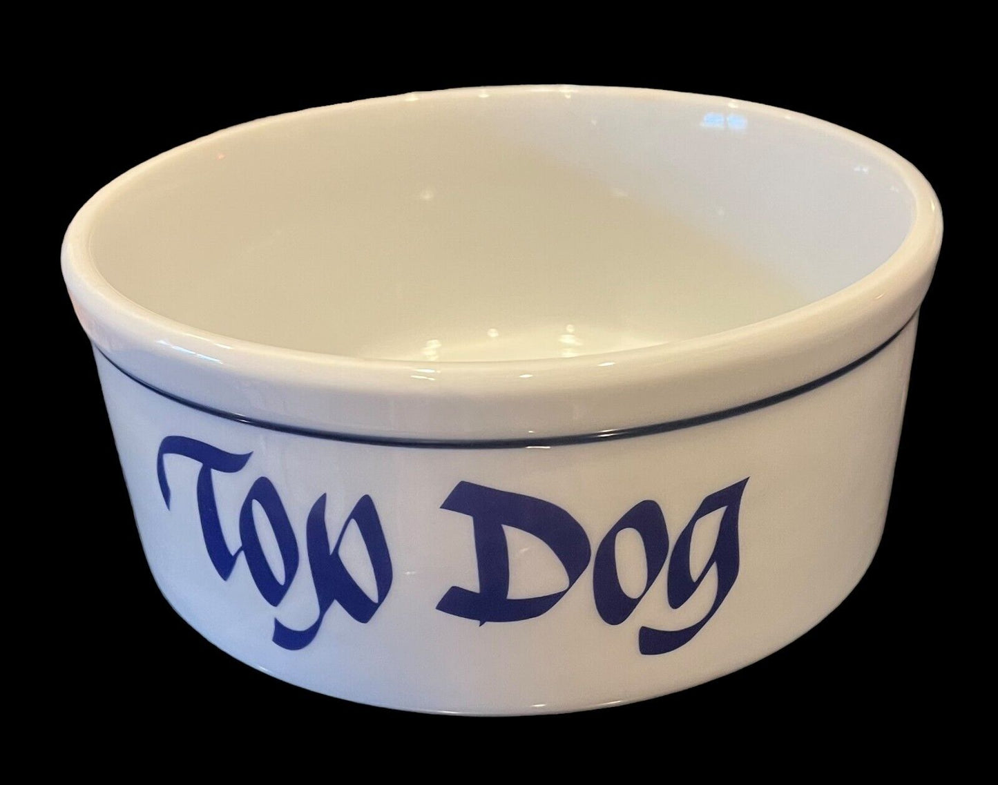 White Dog Bowl with Blue Letters TOP DOG 7" x 3"