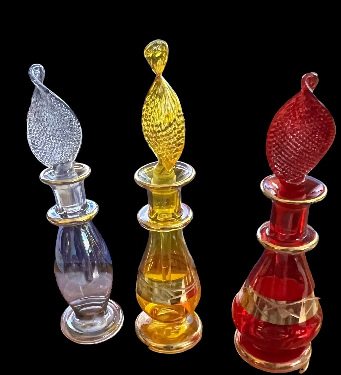 Set of 7 Crafts of Egypt Hand Crafted Art Glass Perfume Bottles w Stoppers