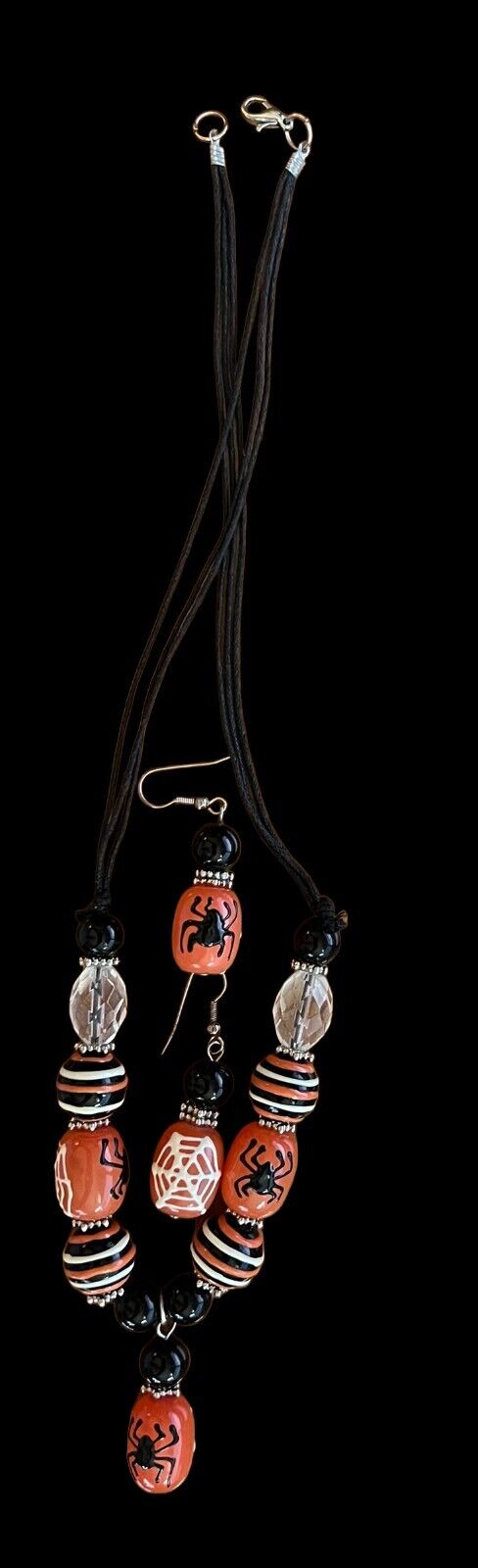 Halloween Necklace w/earrings Glass Beads on Black Rope