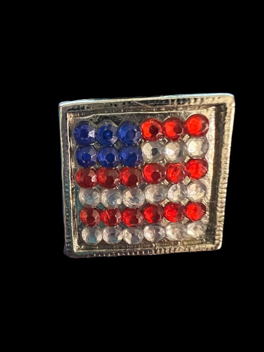 Vintage Veteran Proud American US Flag Red White Blue Rhinestone Adjustable Ring