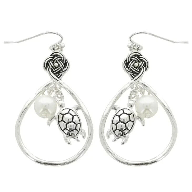 Multi Charm Turtle & Pearl Open Teardrop Hook Earrings