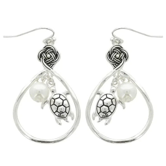 Multi Charm Turtle & Pearl Open Teardrop Hook Earrings