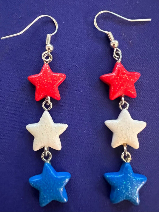 Vintage US Flag Color Sparkle Stars Stud Locket Chain Earrings Veterans